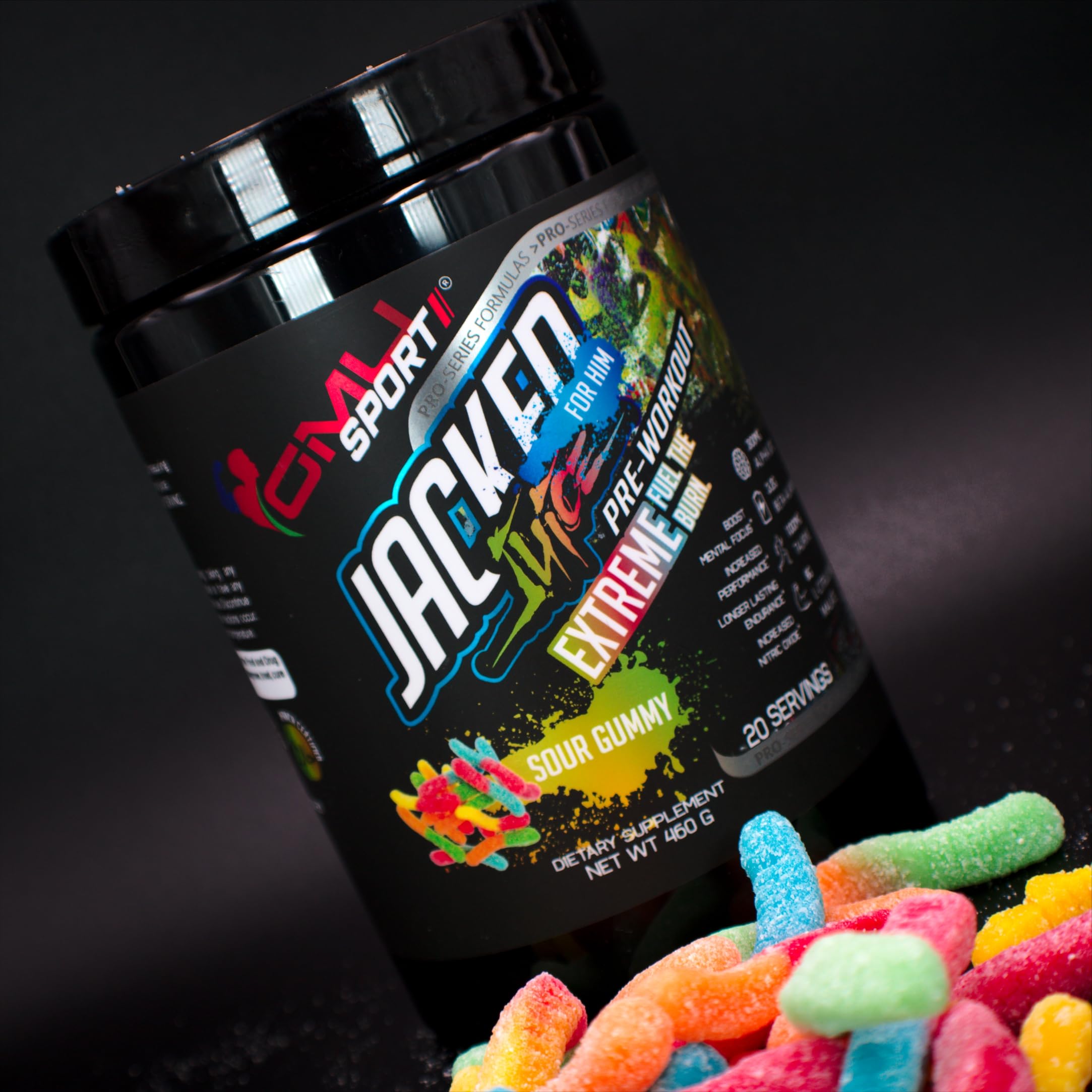 GMU SPORT Jacked Juice powder visual highlights vibrant sour gummy flavor.