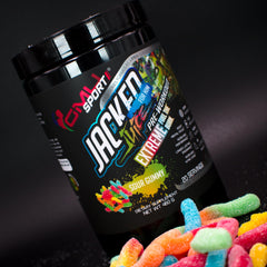 GMU SPORT Jacked Juice powder visual highlights vibrant sour gummy flavor.