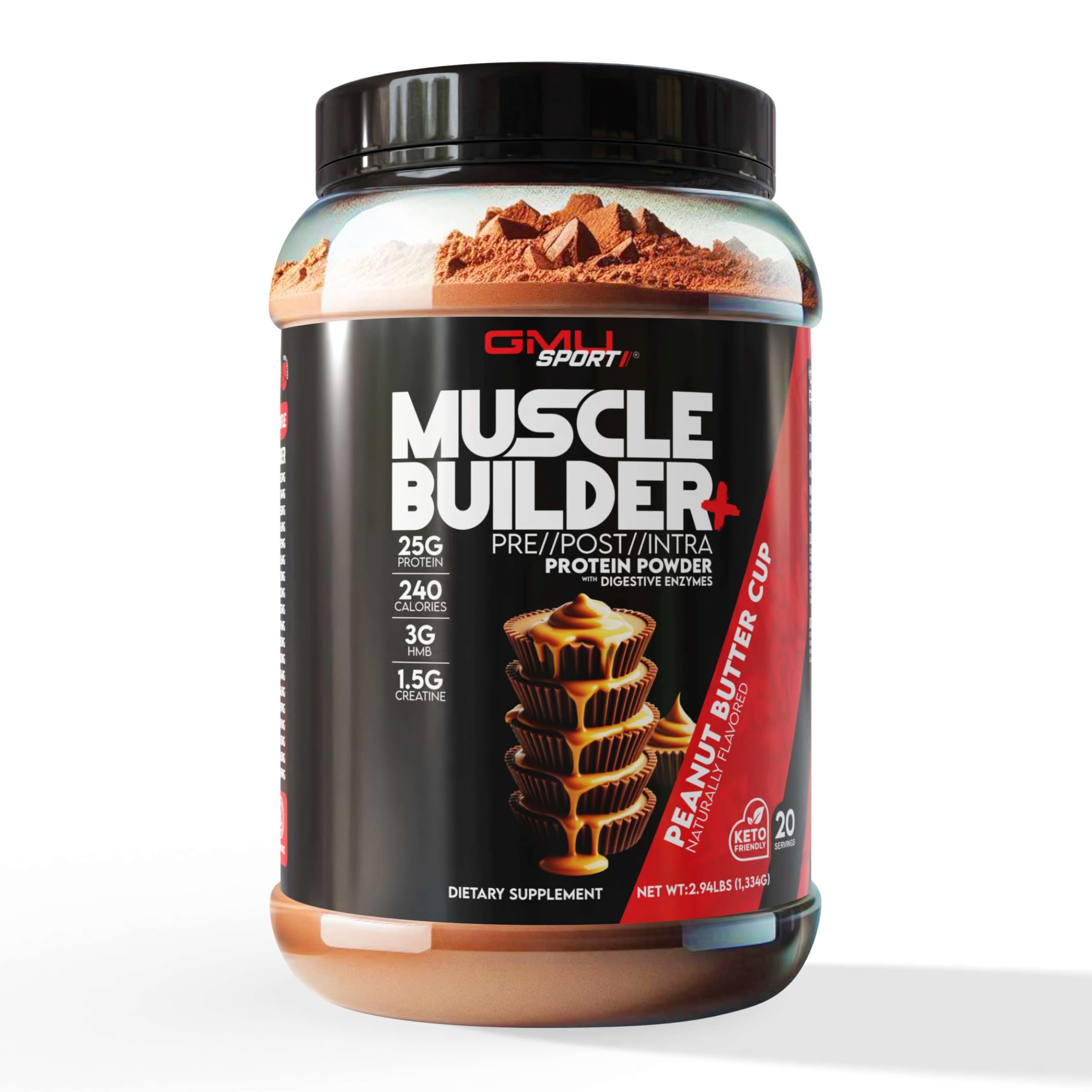 GMU SPORT Muscle Builder+ protein tub label