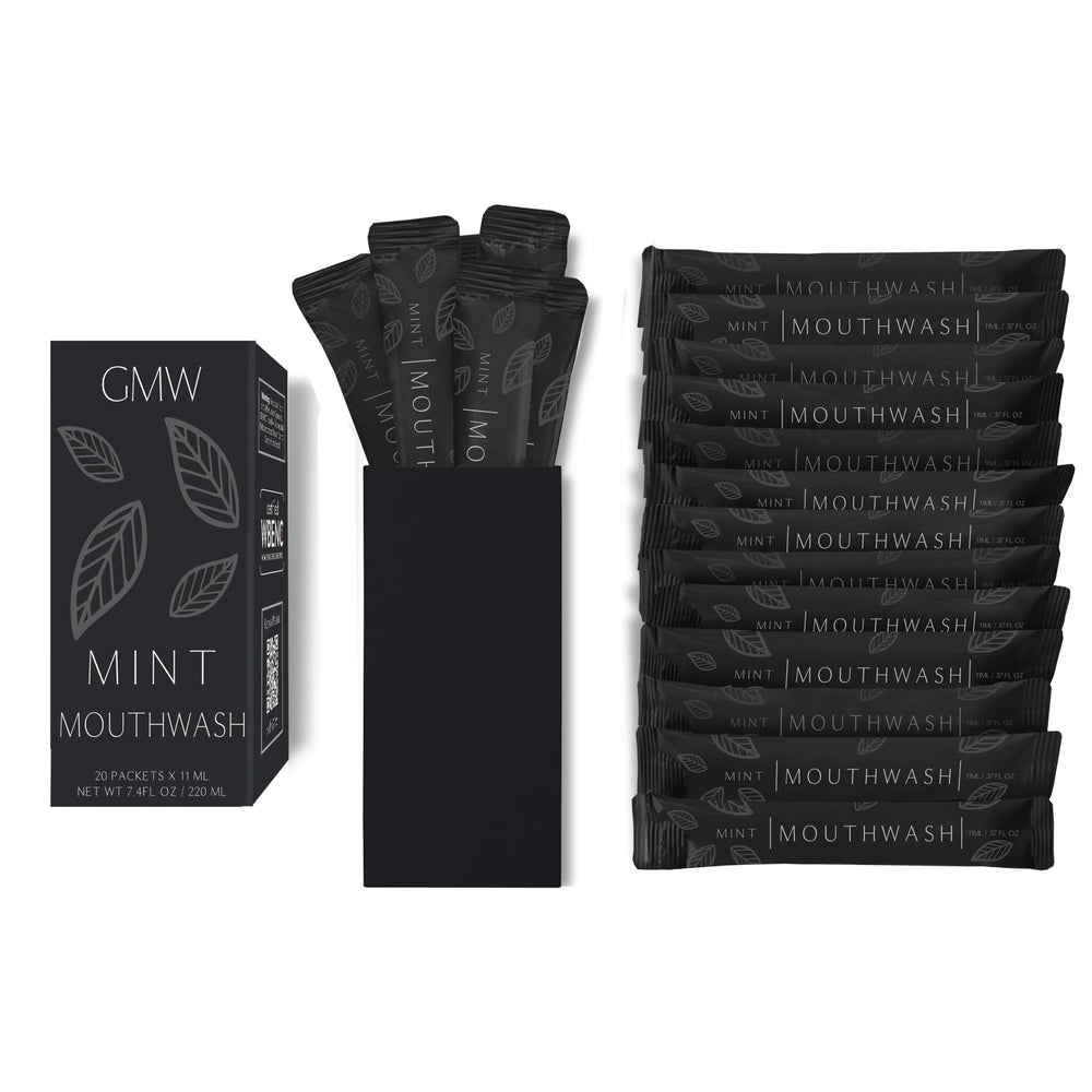 GMW Collection travel mouthwash packets in matte black packaging