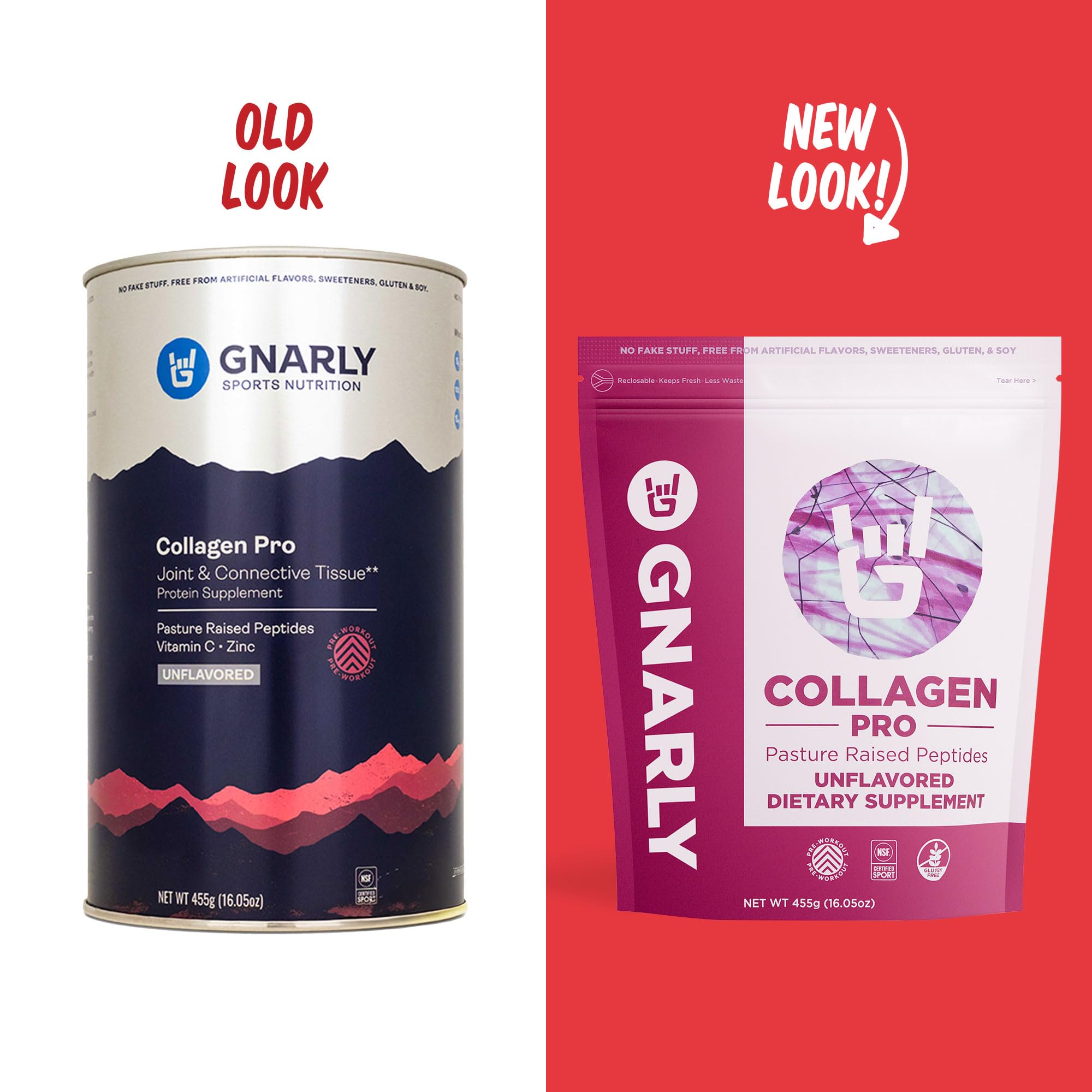 Two scoops of Gnarly Collagen Pro beside a glass of water