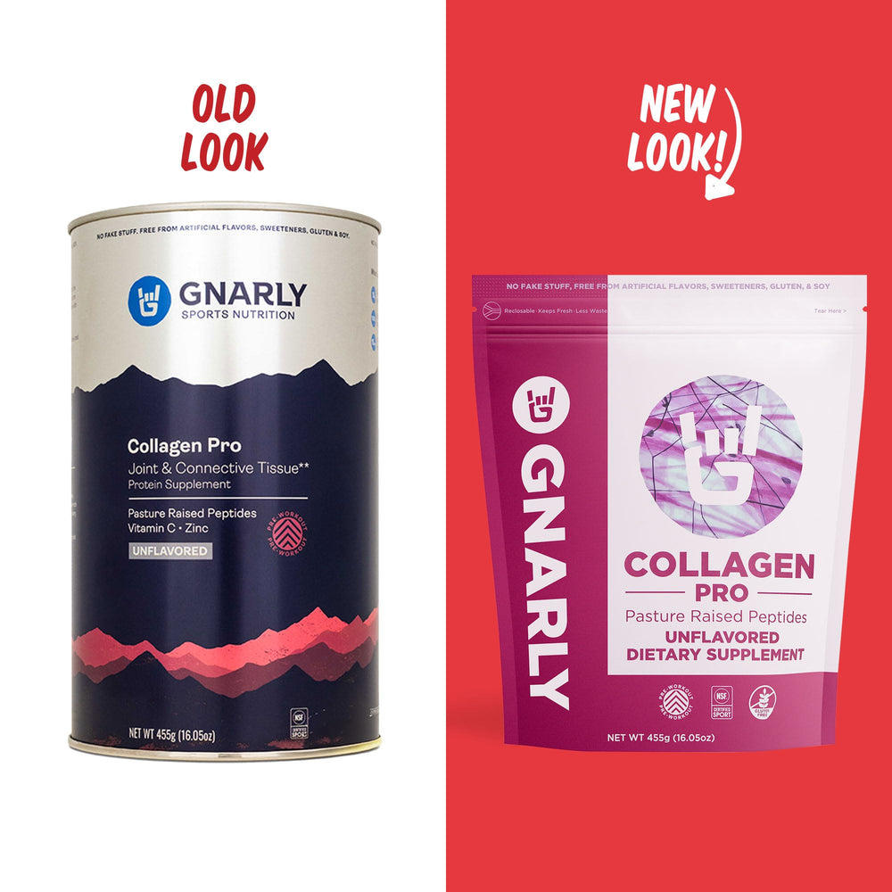 Two scoops of Gnarly Collagen Pro beside a glass of water