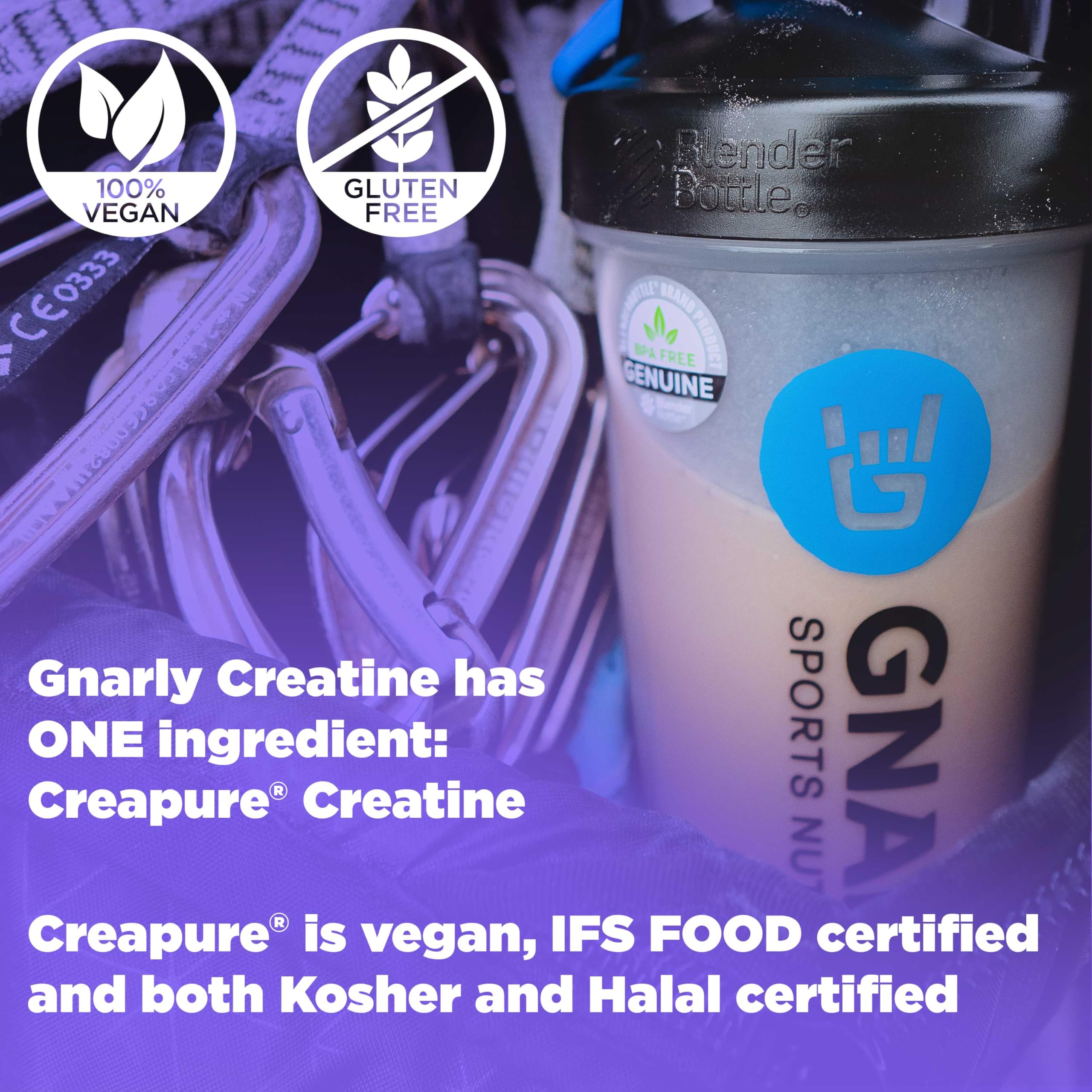 Front view of Gnarly Creatine Powder tub showing Creapure branding