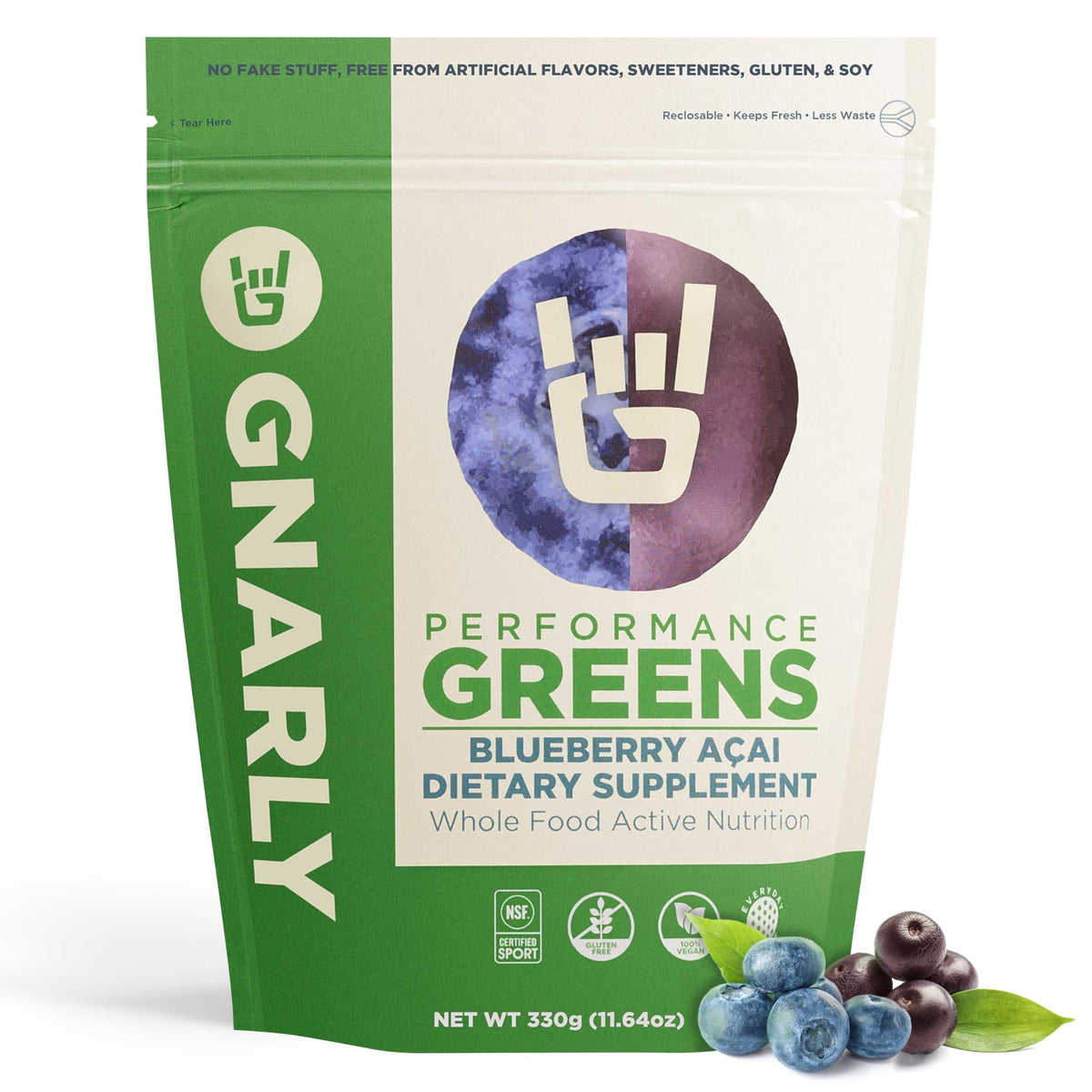 Gnarly Greens Superfood Powder Blueberry Acai canister on countertop