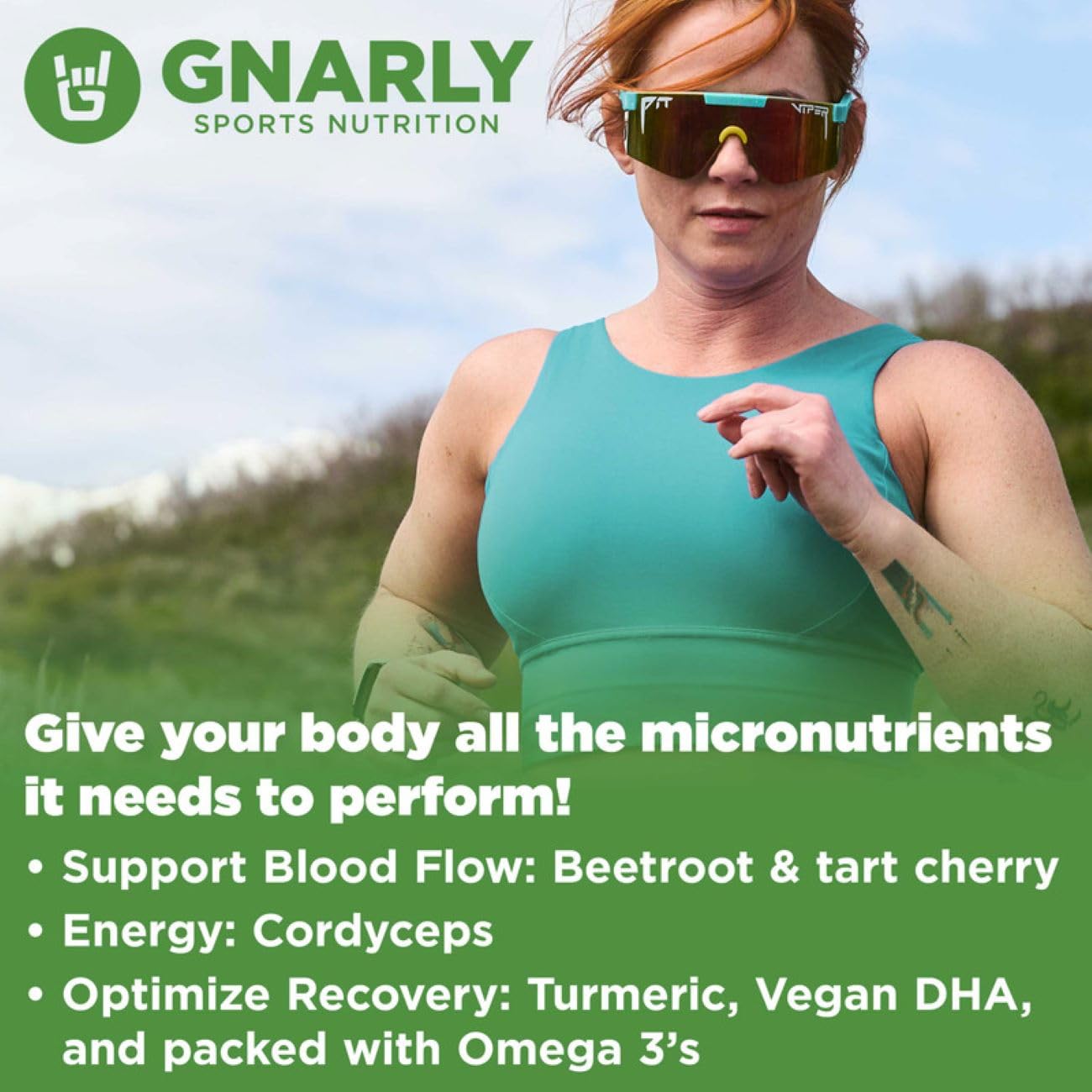 Graphic highlight of Gnarly Greens micronutrients and ingredients