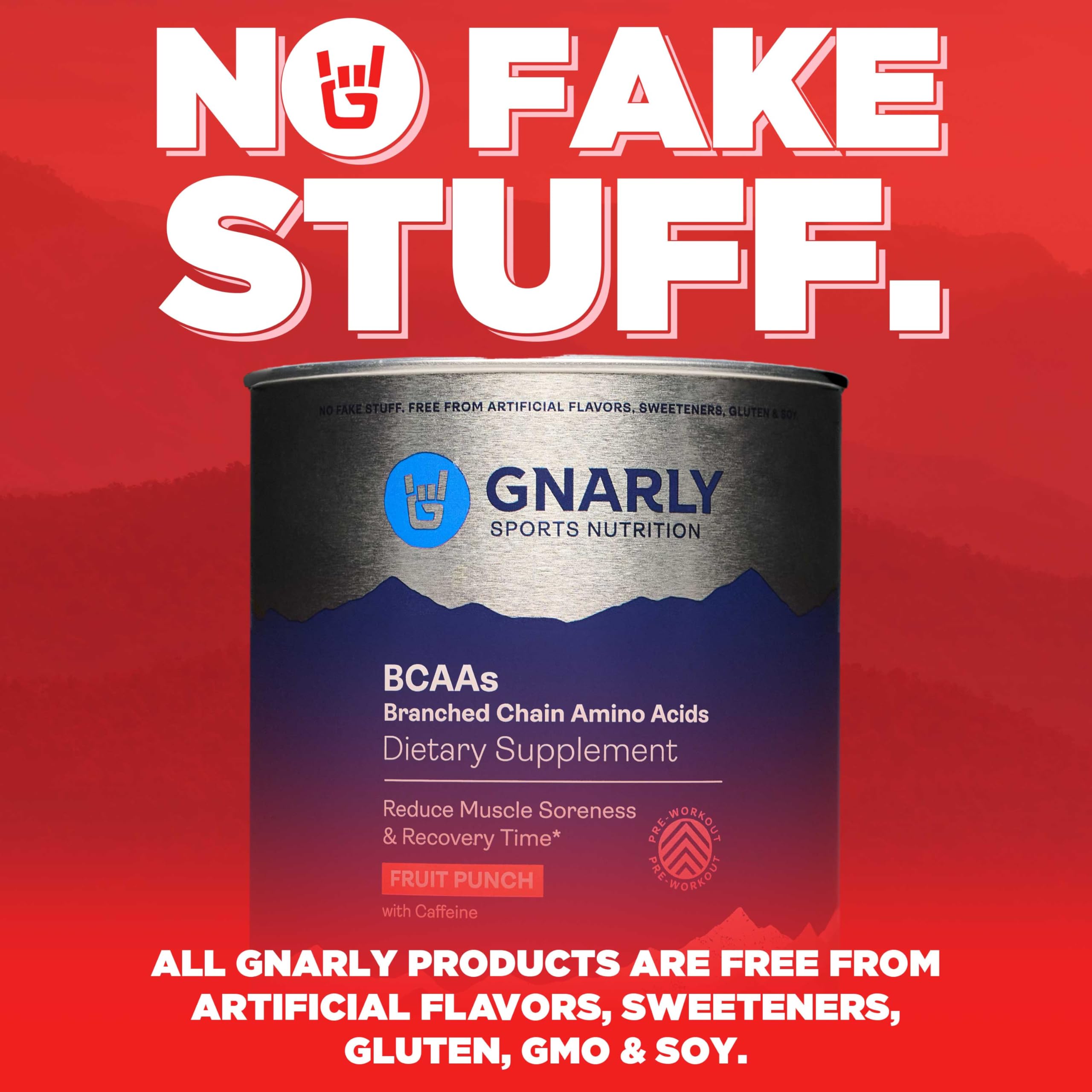 10.58 oz Gnarly BCAA Powder Fruit Punch container on white background
