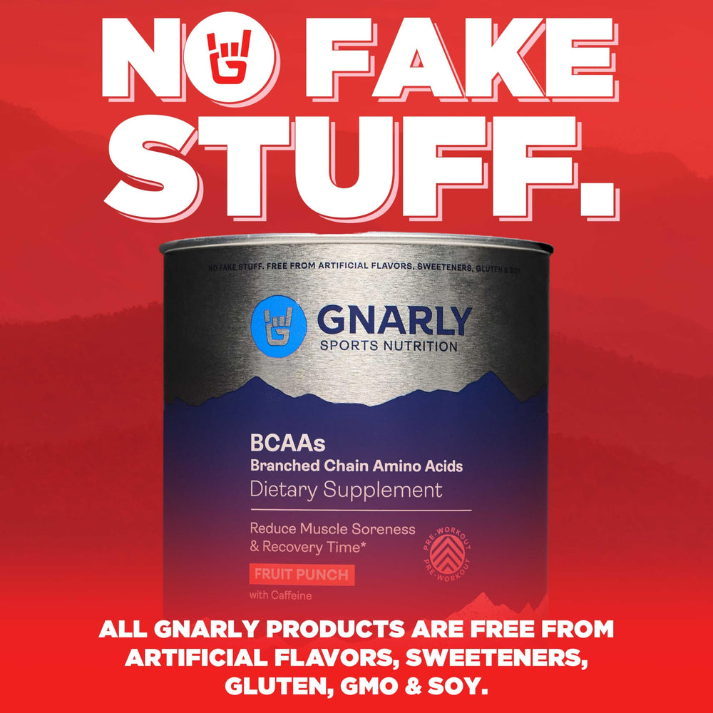 10.58 oz Gnarly BCAA Powder Fruit Punch container on white background