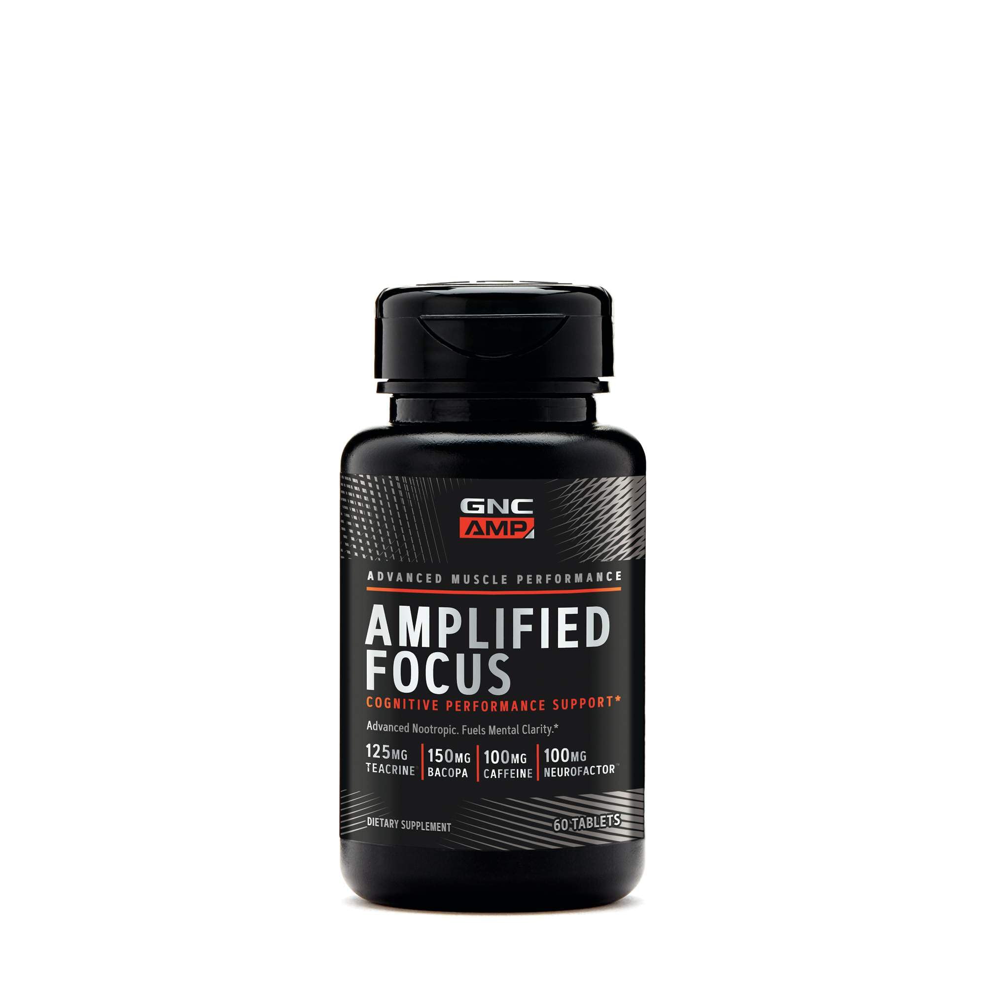 GNC AMP Amplified Focus bottle, 60 tablets, label shows Amplified Focus