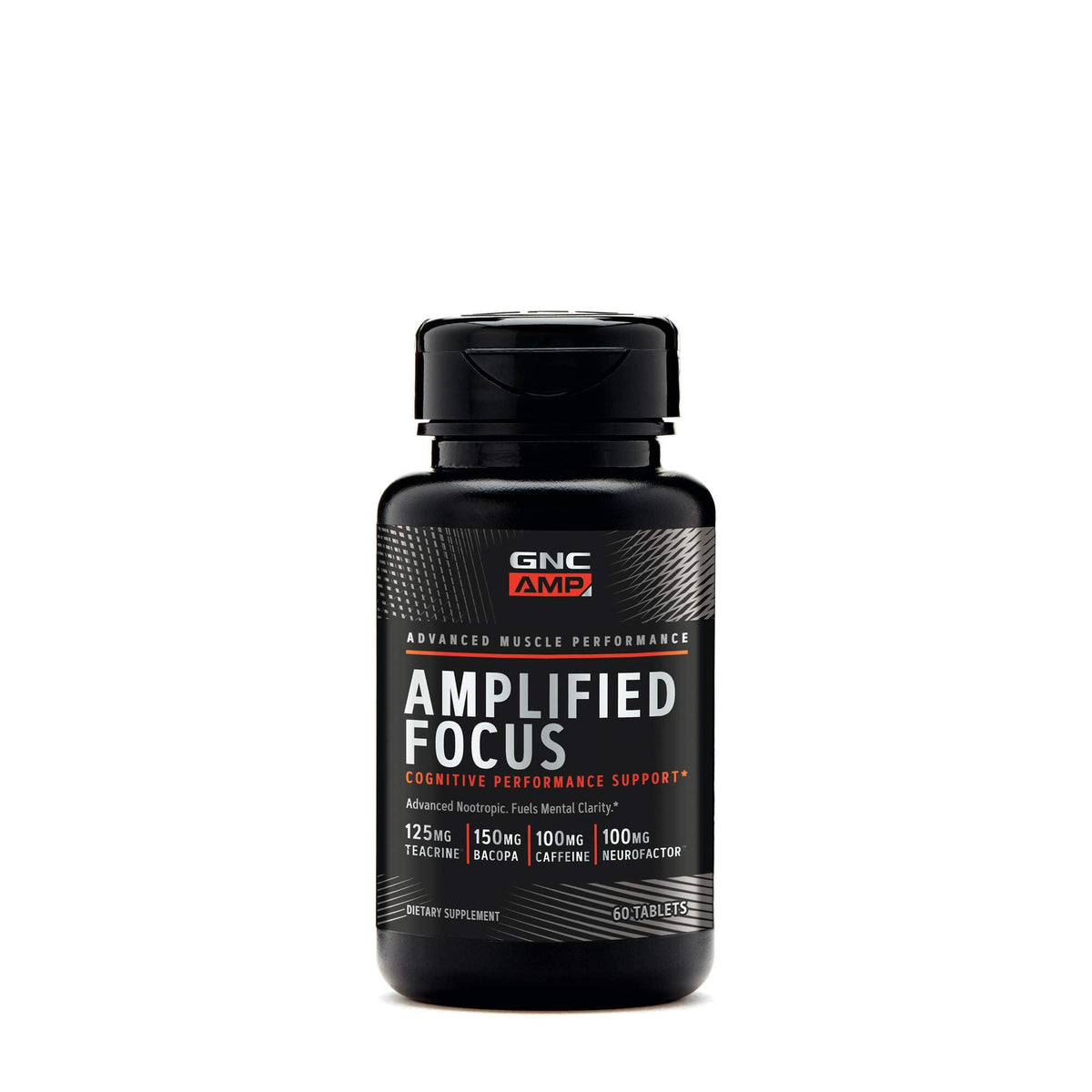 GNC AMP Amplified Focus bottle, 60 tablets, label shows Amplified Focus