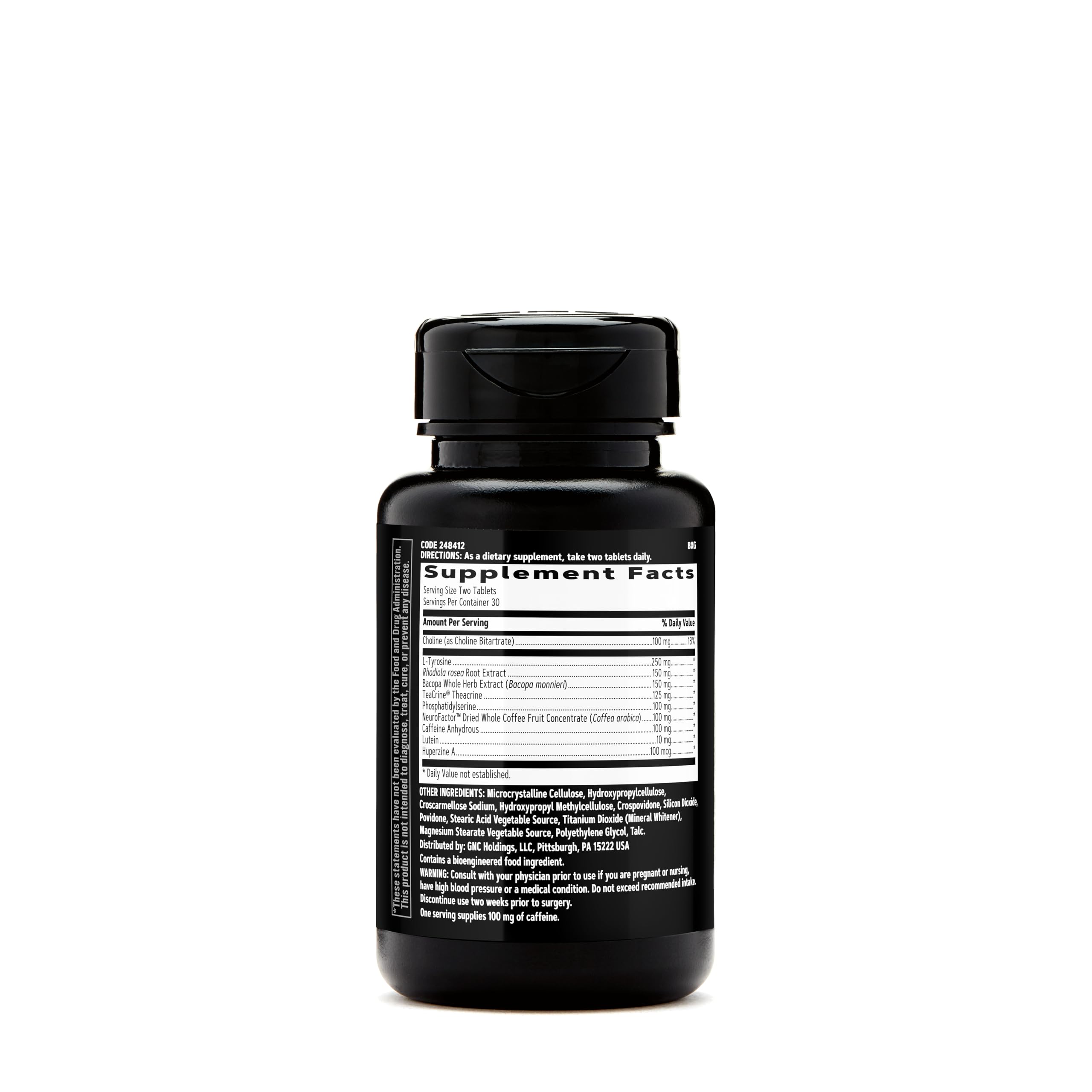 Close-up of bottle with Teacrine, Bacopa, Caffeine, and NeuroFactor ingredients