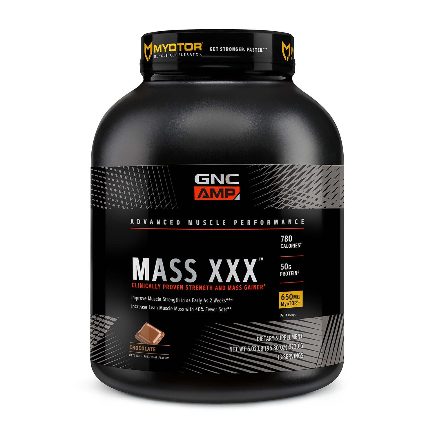 GNC AMP Mass XXX bottle front promotes high-calorie mass gain for athletes.