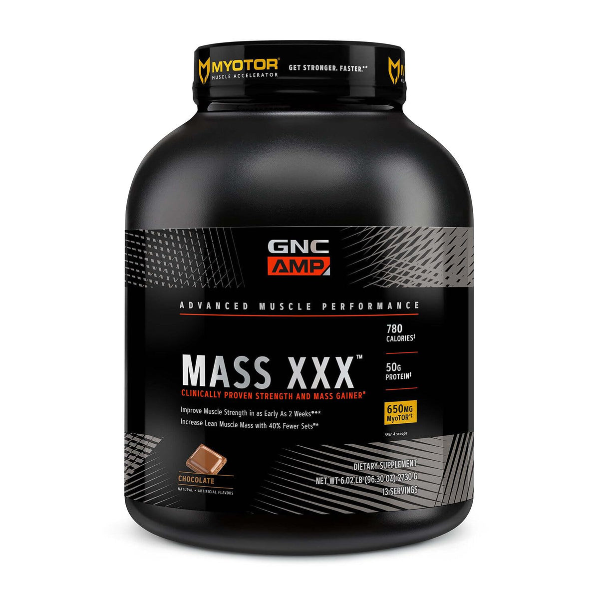 GNC AMP Mass XXX bottle front promotes high-calorie mass gain for athletes.