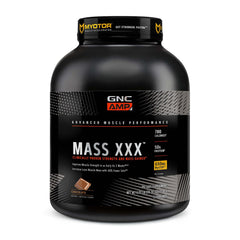 GNC AMP Mass XXX bottle front promotes high-calorie mass gain for athletes.