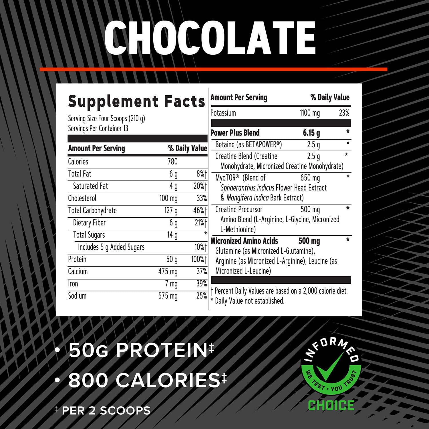GNC AMP Mass XXX nutrition facts panel outlines calories and macros.