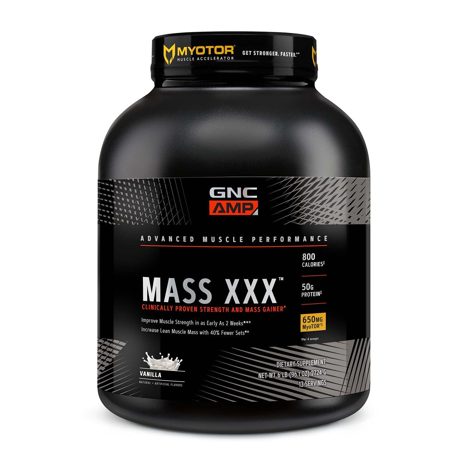 GNC AMP Mass XXX powder tub supports muscle fueling and size gain.