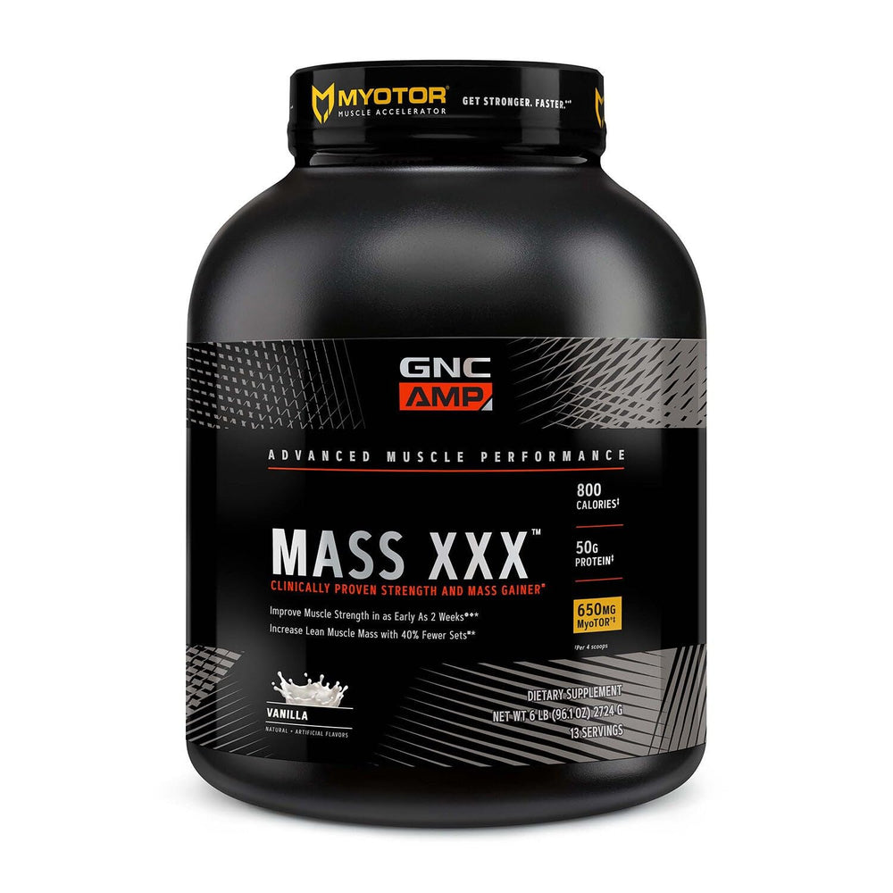GNC AMP Mass XXX powder tub supports muscle fueling and size gain.