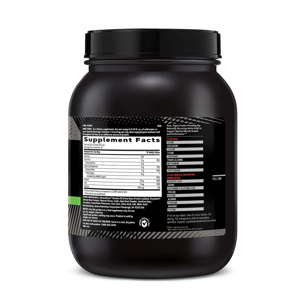 GNC AMP Plant Isolate Protein powder scoop highlights 25g plant protein and zero sugar.