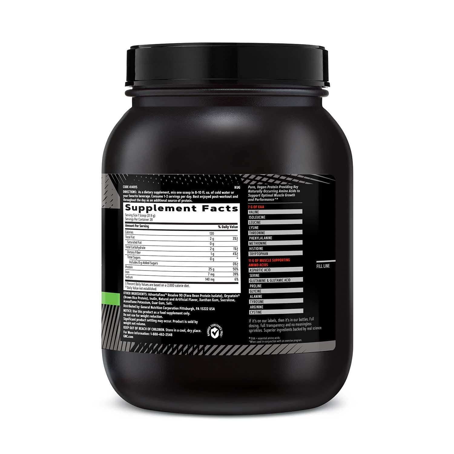 GNC AMP Plant Isolate Protein Vanilla Cookie powder emphasizes 25g protein per serving for recovery