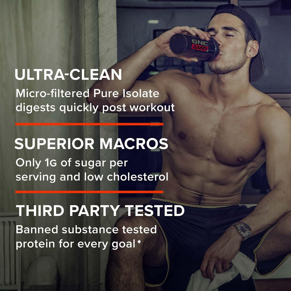 GNC AMP Pure Isolate tub back view with ingredients and testing info
