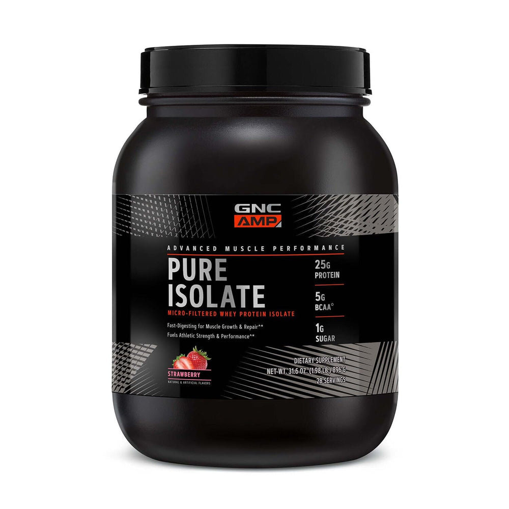 GNC AMP Pure Isolate Strawberry bottle shows premium protein for fast recovery.