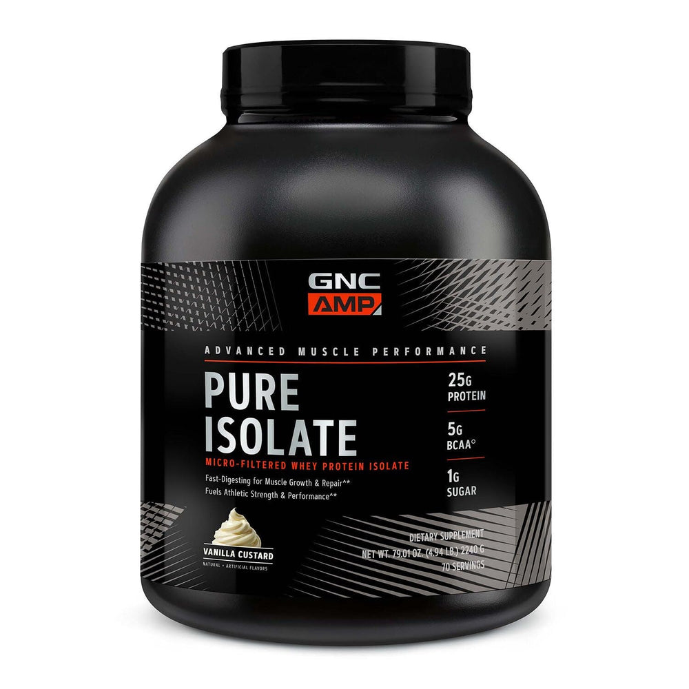 GNC AMP Pure Isolate Vanilla Custard bottle highlights high-protein post-workout support