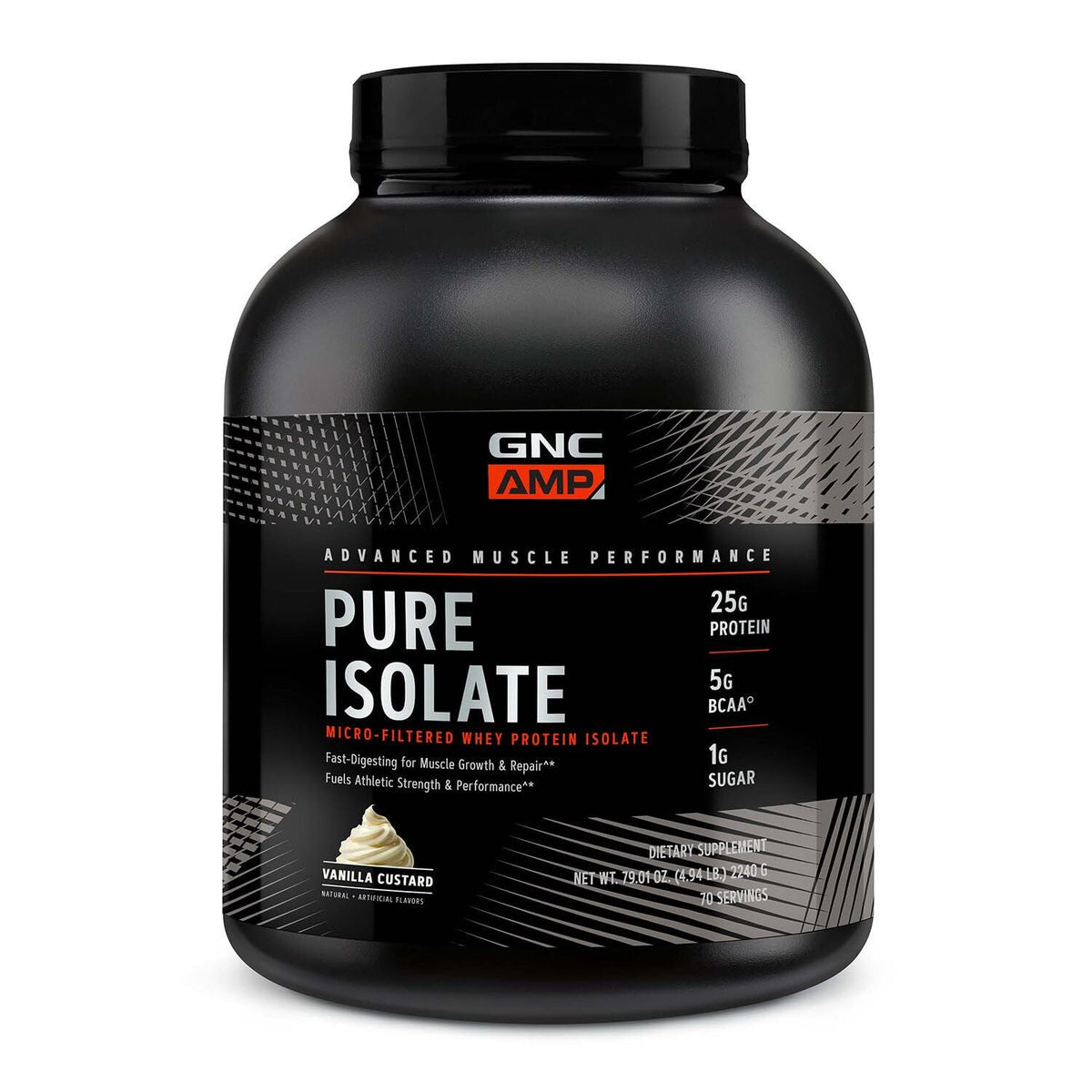 GNC AMP Pure Isolate Vanilla Custard bottle highlights high-protein post-workout support