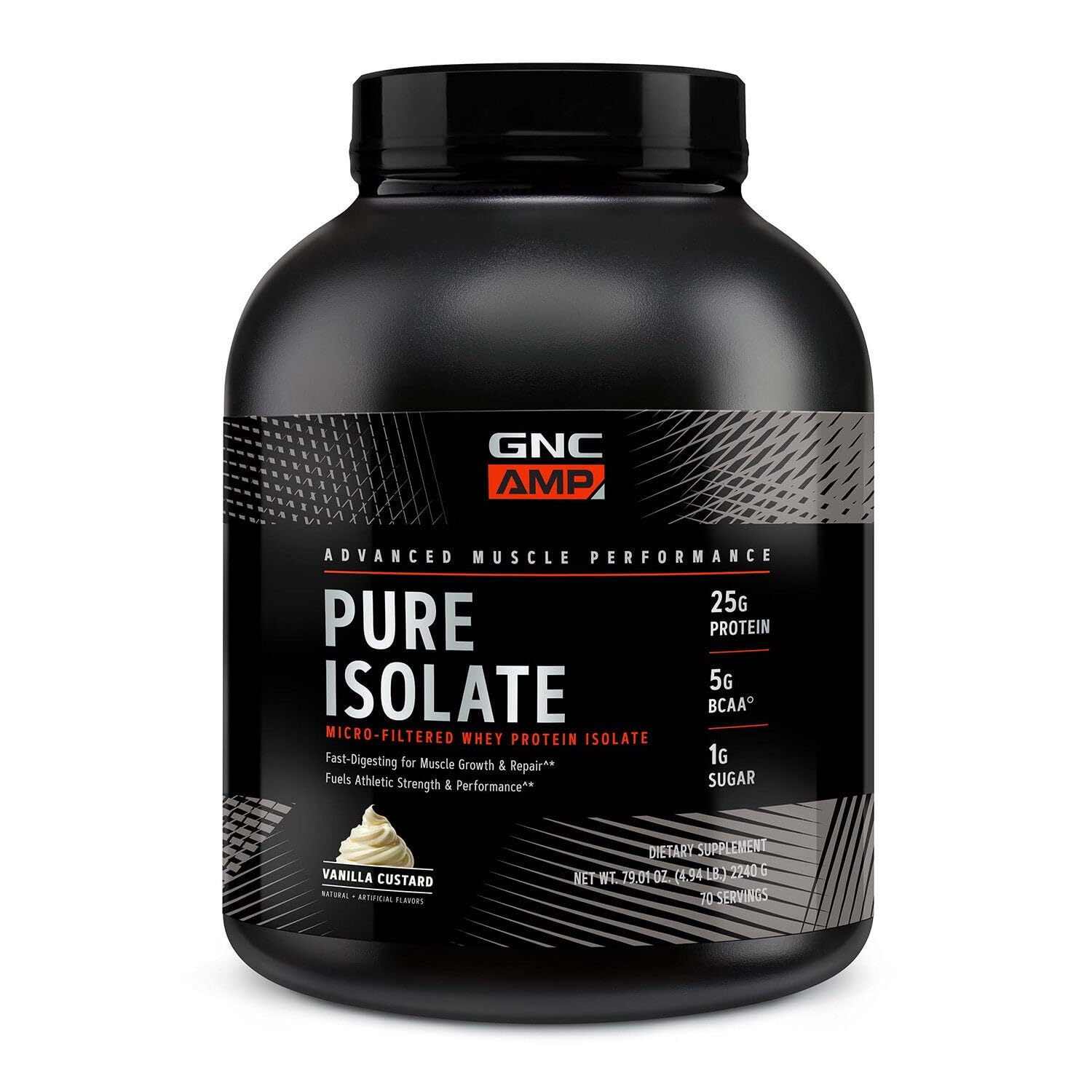 GNC AMP Pure Isolate Vanilla Custard bottle highlights high-protein post-workout support