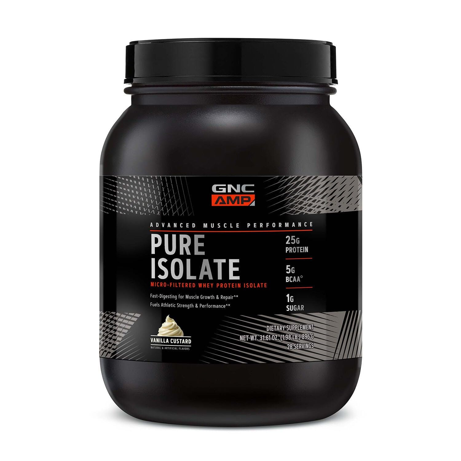 GNC AMP Pure Isolate Vanilla Custard label close-up signaling purity for clean fueling.