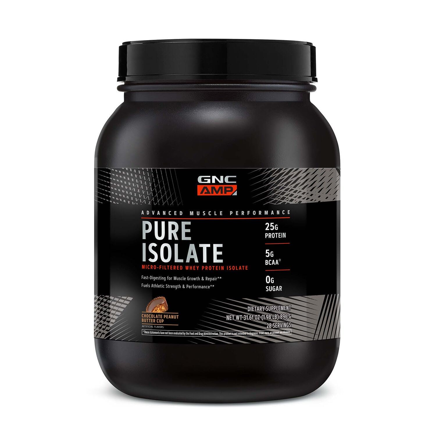GNC AMP Pure Isolate packaging featuring Chocolate Peanut Butter Cup flavor for clean protein