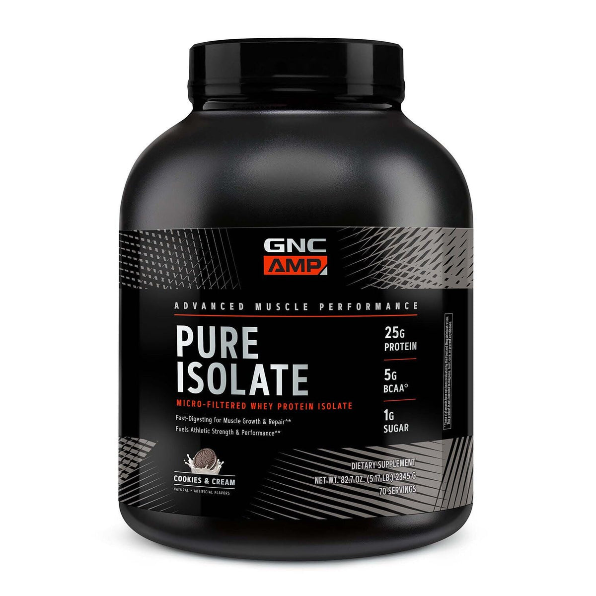 GNC AMP Pure Isolate Cookies & Cream bottle close-up highlights flavor and protein purity.