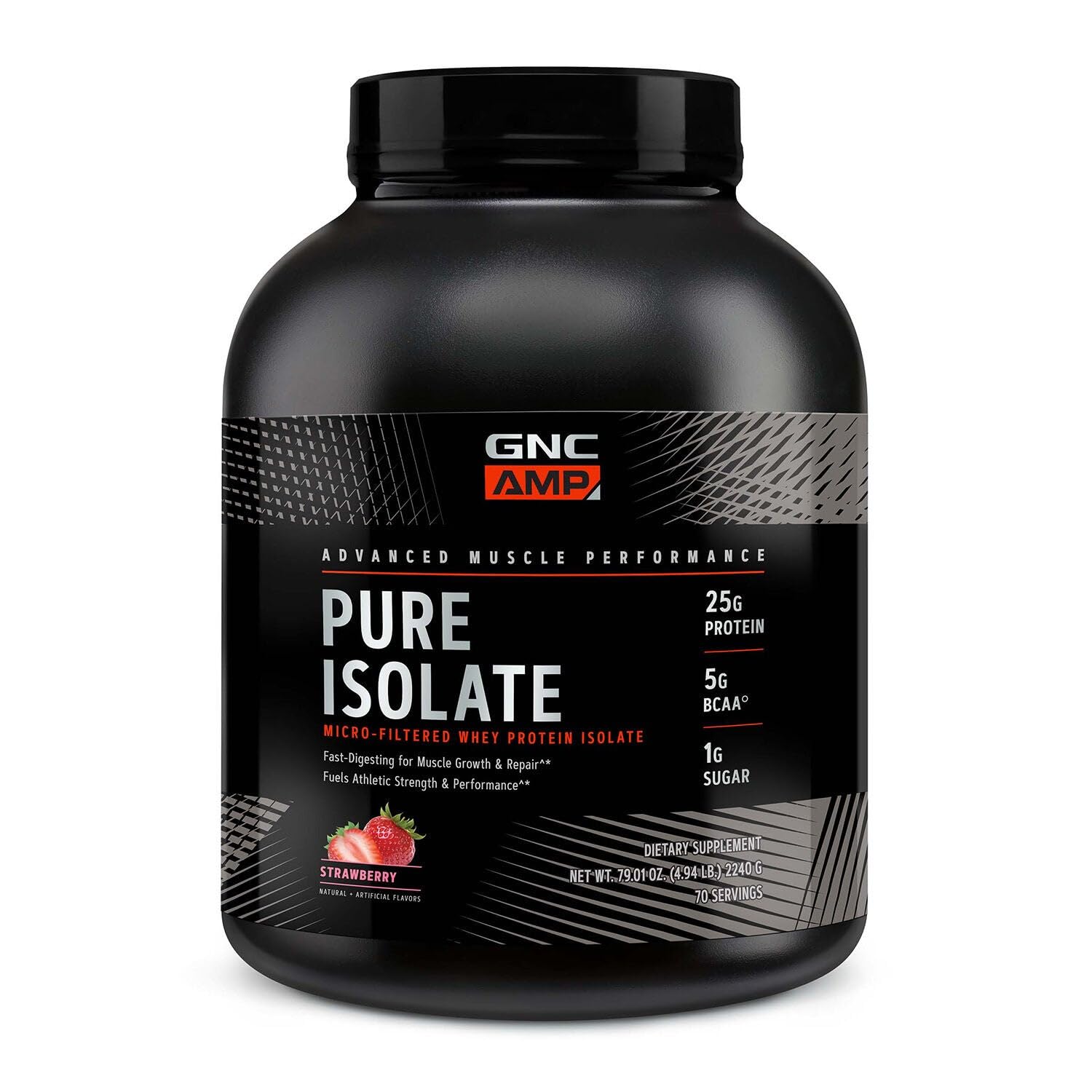 GNC AMP Pure Isolate Whey Protein Strawberry bottle for post-workout protein boost