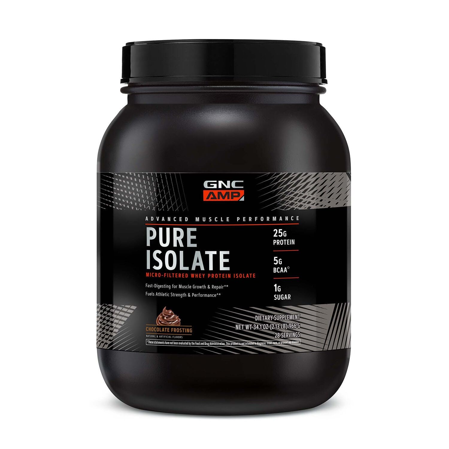 GNC AMP Pure Isolate protein tub chocolate frosting fuels muscle growth and recovery.