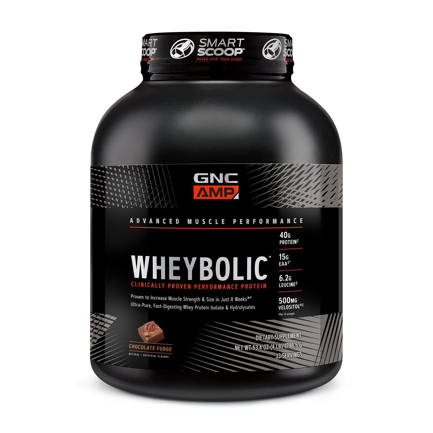GNC AMP Wheybolic chocolate fudge jar highlights strength-building protein for workouts.