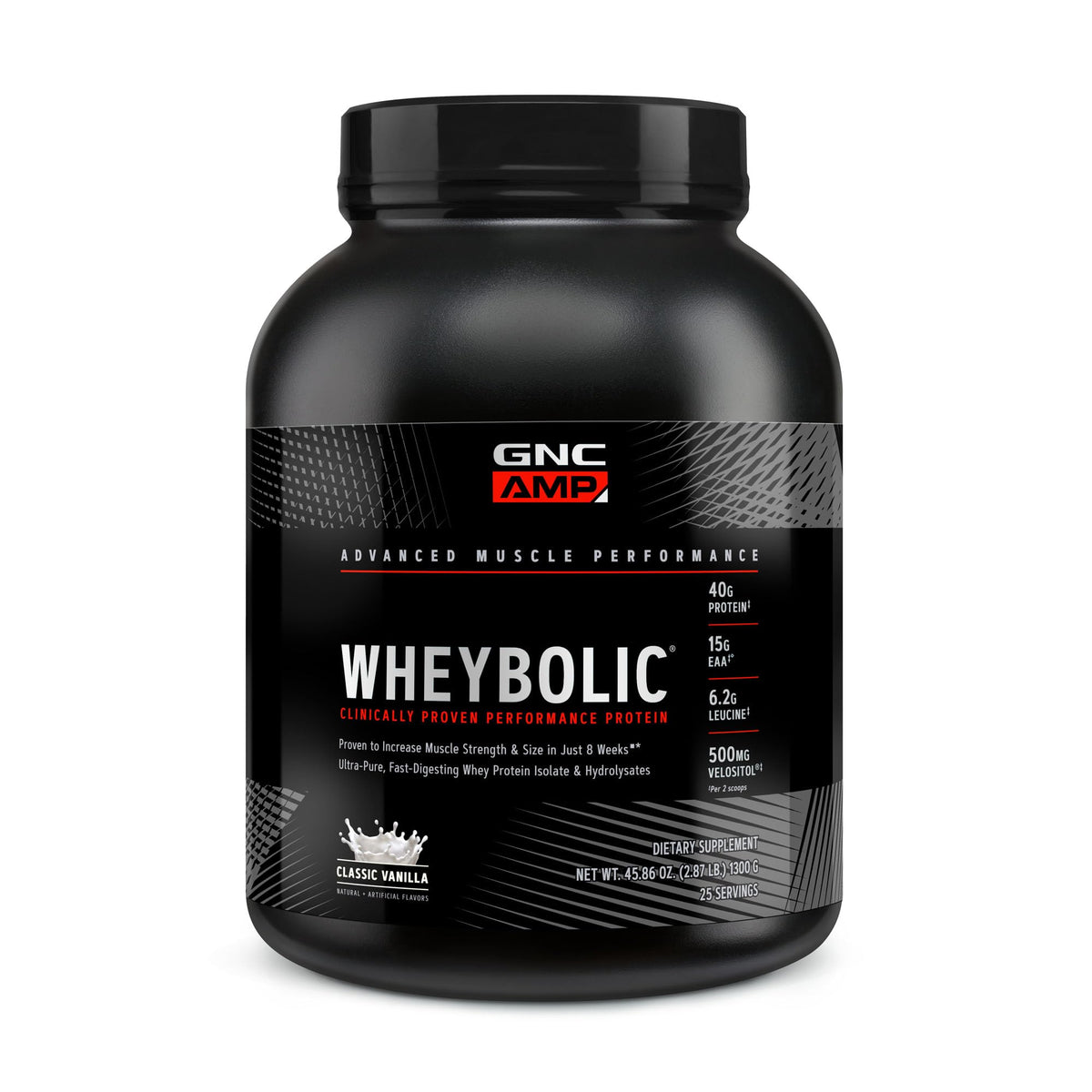 GNC AMP Wheybolic vanilla jar front for strength building and muscle support