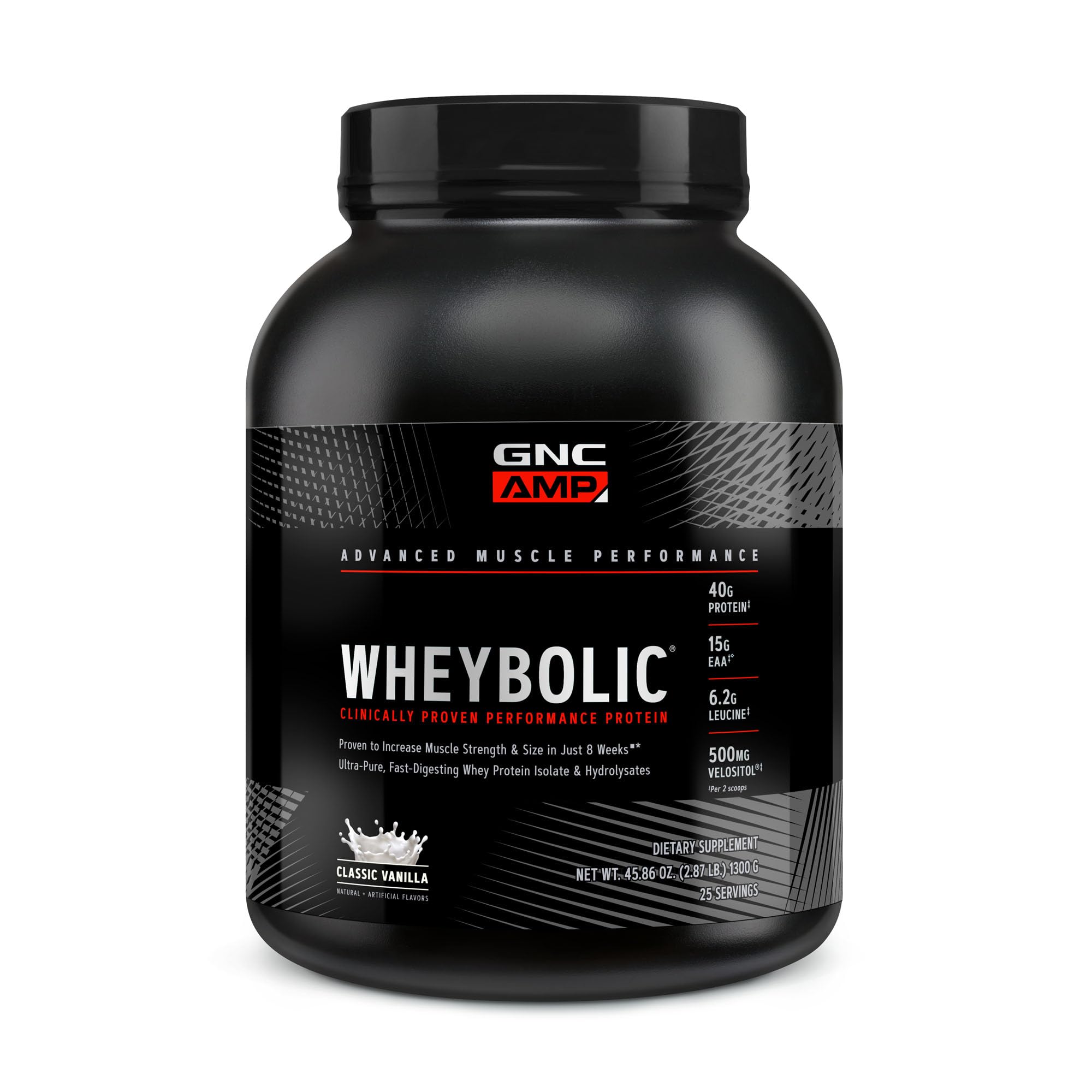 GNC AMP Wheybolic vanilla jar front for strength building and muscle support