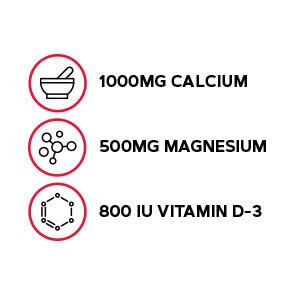 Serving size highlighting 1000 mg calcium, 20 mcg (800 IU) vitamin D-3, and 500 mg magnesium