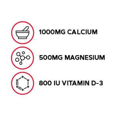 Serving size highlighting 1000 mg calcium, 20 mcg (800 IU) vitamin D-3, and 500 mg magnesium