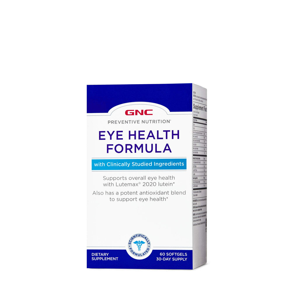 GNC Eye Health Formula bottle and label featuring Lutemax 2020 lutein