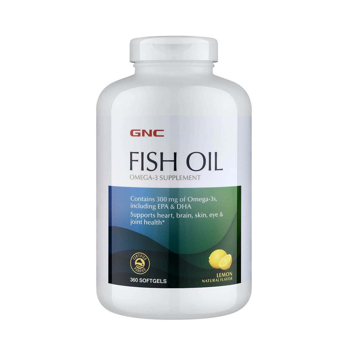 GNC Fish Oil Omega-3 Lemon Flavor bottle with 360 softgels