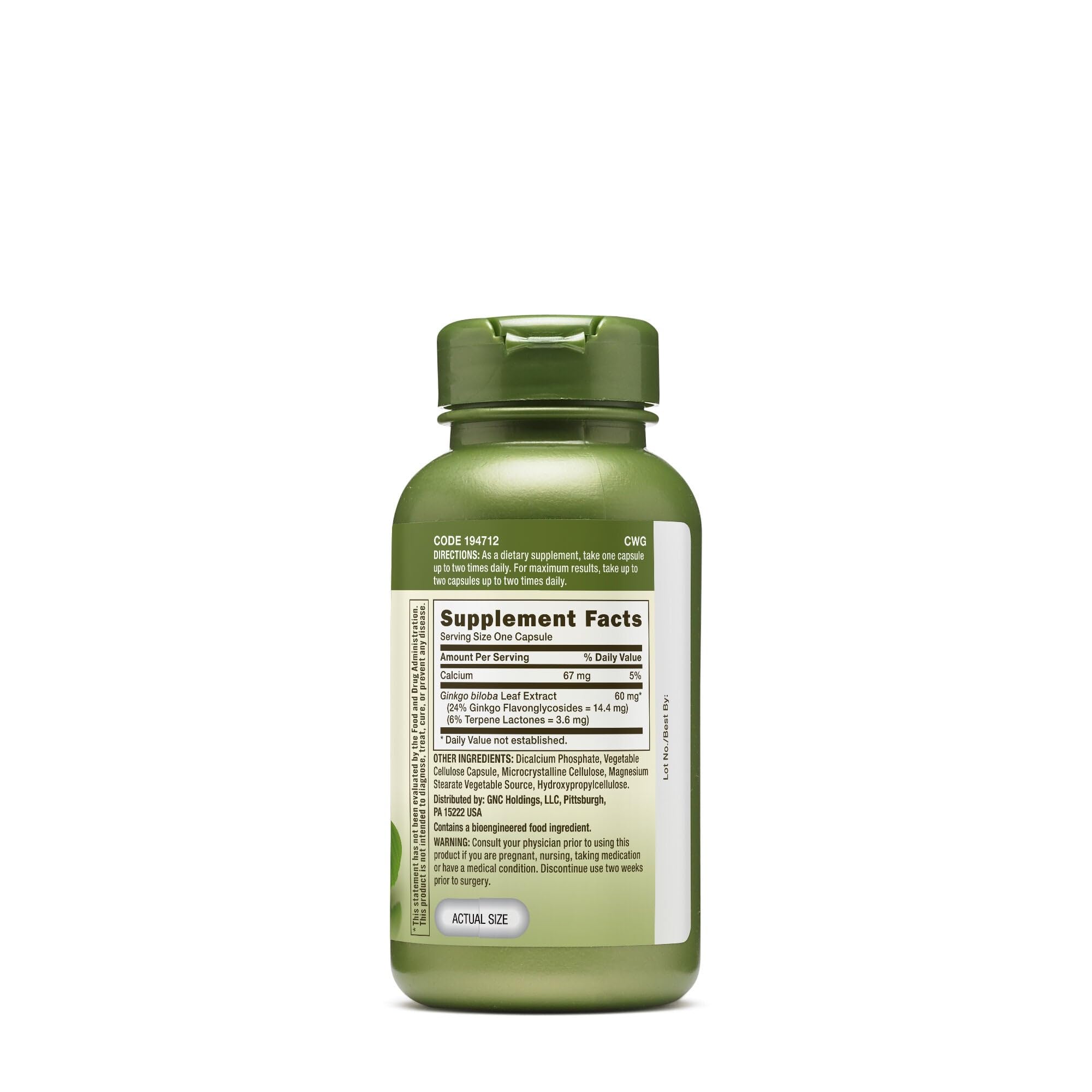 Close-up of GNC Herbal Plus Ginkgo Biloba 60mg label showing 100 servings