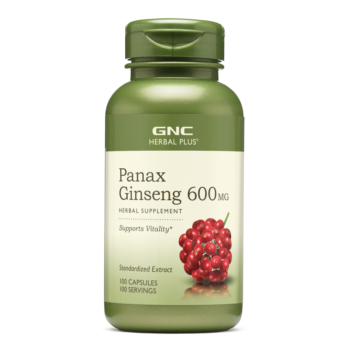 GNC Herbal Plus Panax Ginseng 600mg bottle containing 100 capsules