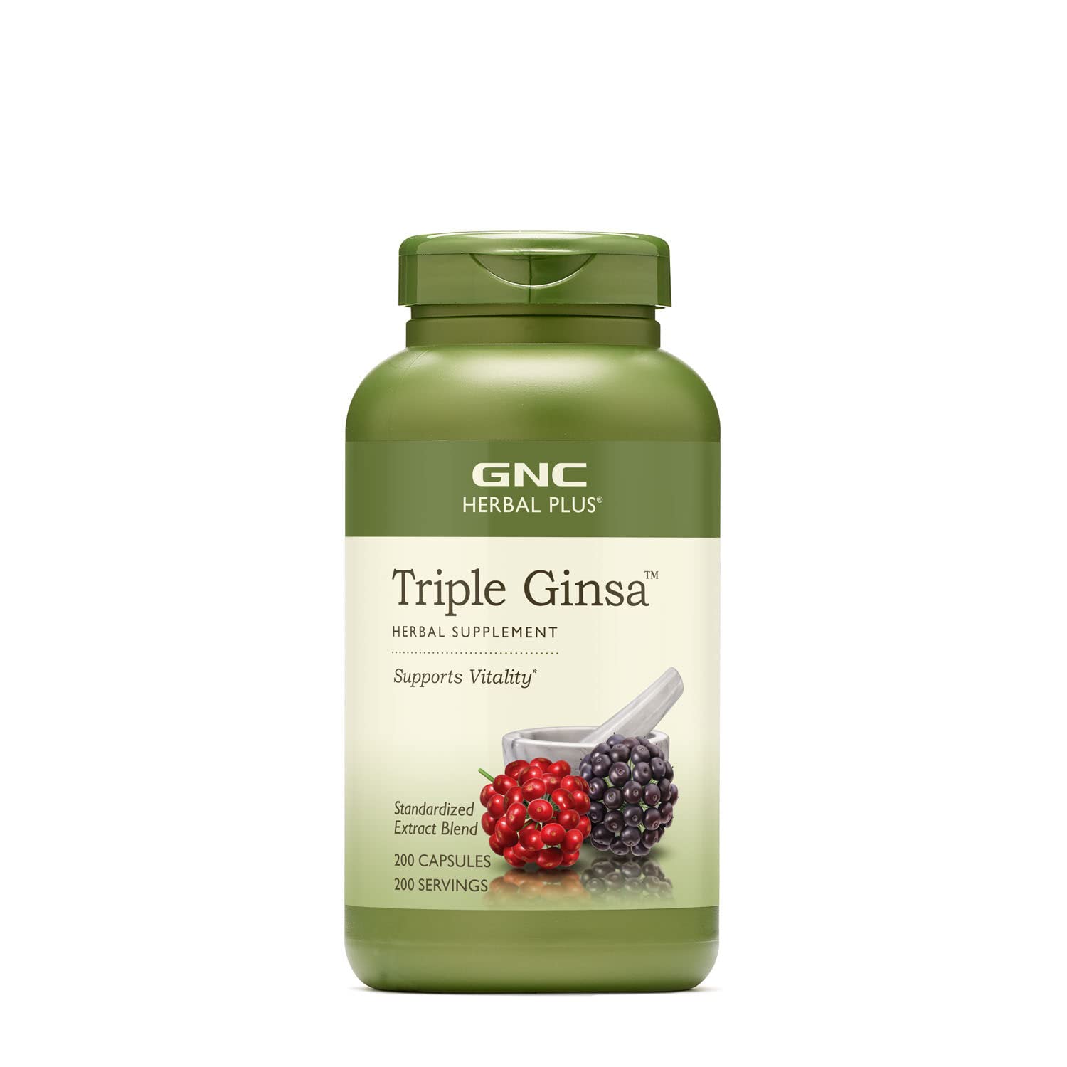 GNC Herbal Plus Triple Ginsa supplement bottle showing vitality support