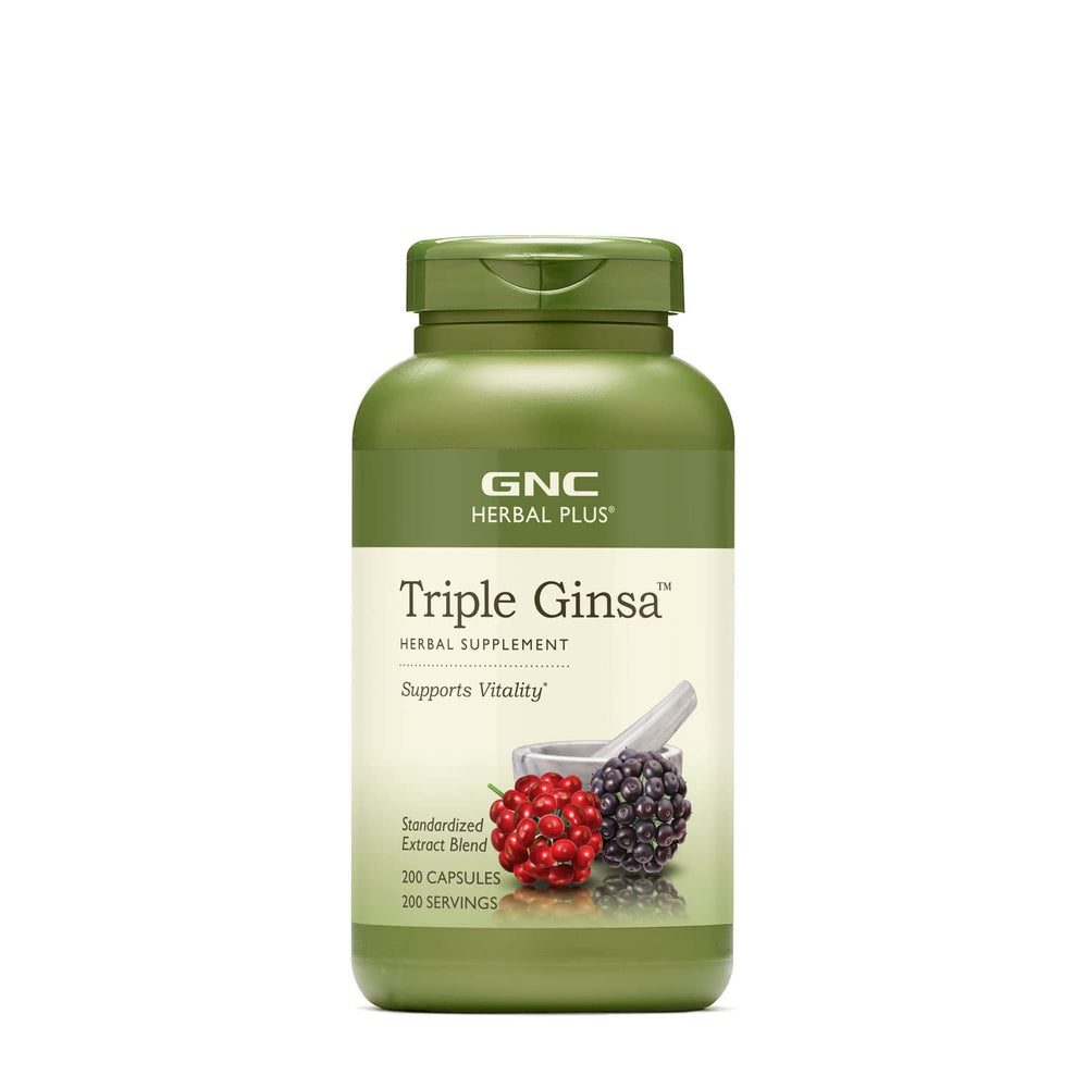 GNC Herbal Plus Triple Ginsa supplement bottle showing vitality support