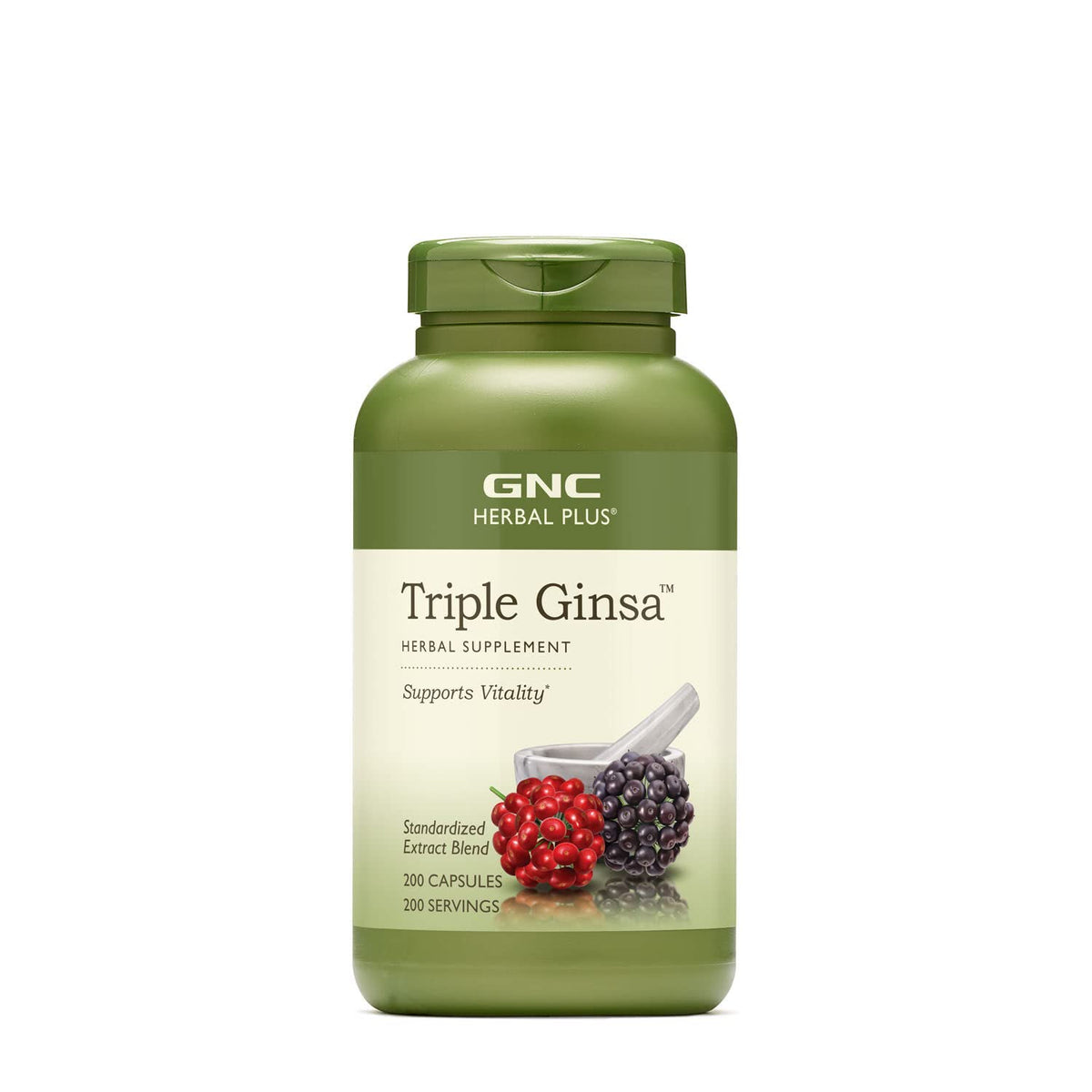 GNC Herbal Plus Triple Ginsa supplement bottle showing vitality support