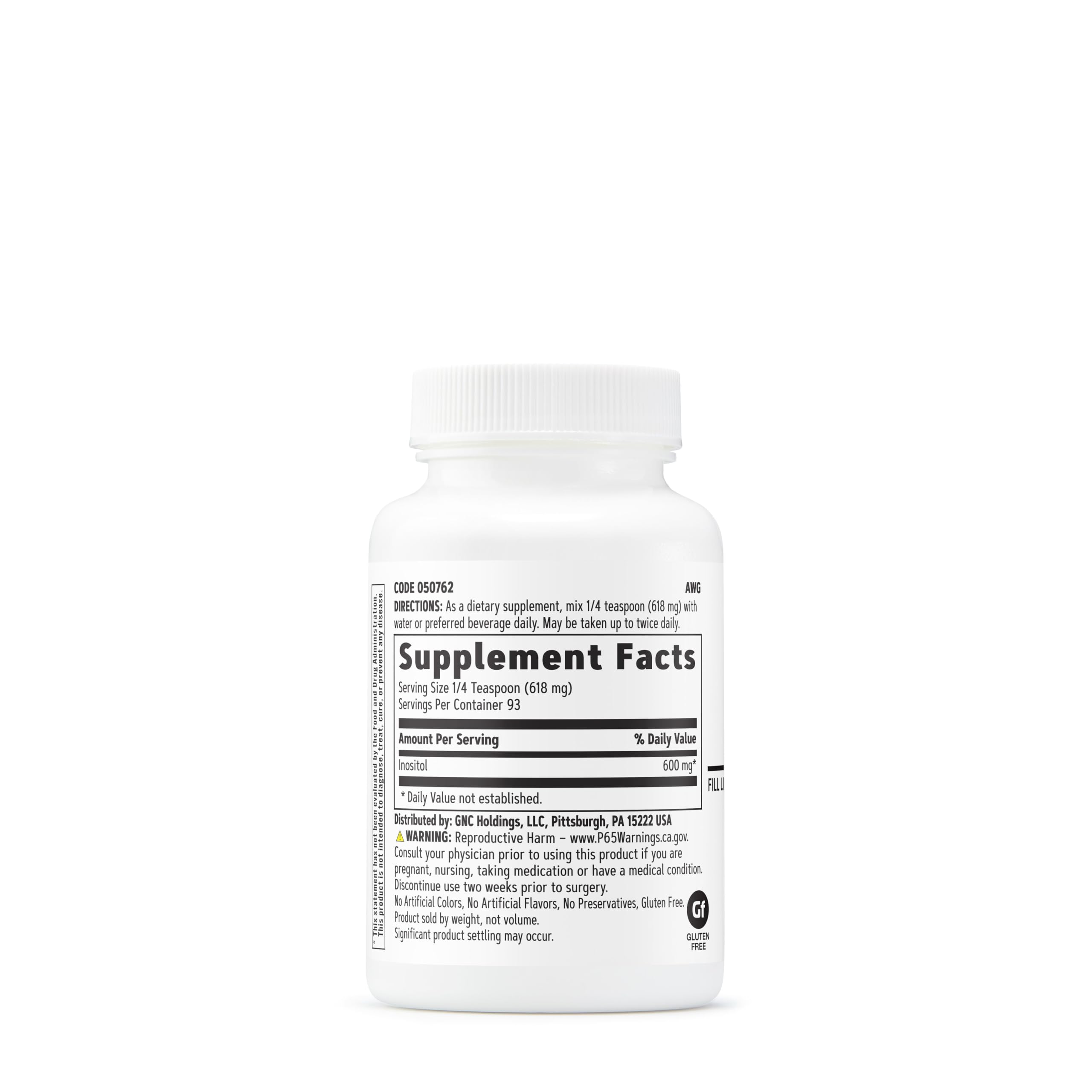 Close-up of GNC Inositol Powder 600mg label showing 93 servings