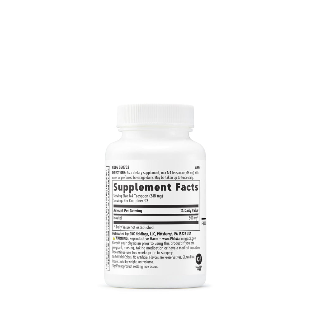 Close-up of GNC Inositol Powder 600mg label showing 93 servings