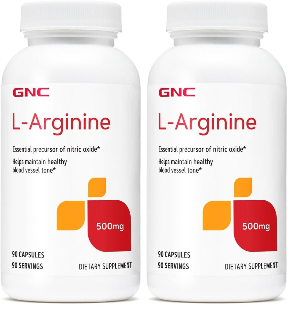 GNC L-Arginine 500mg supplement bottle with pack of 2 for 90 servings