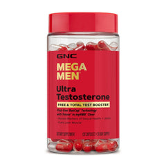 GNC Mega Men Ultra Testosterone bottle and capsules support daily vitality.