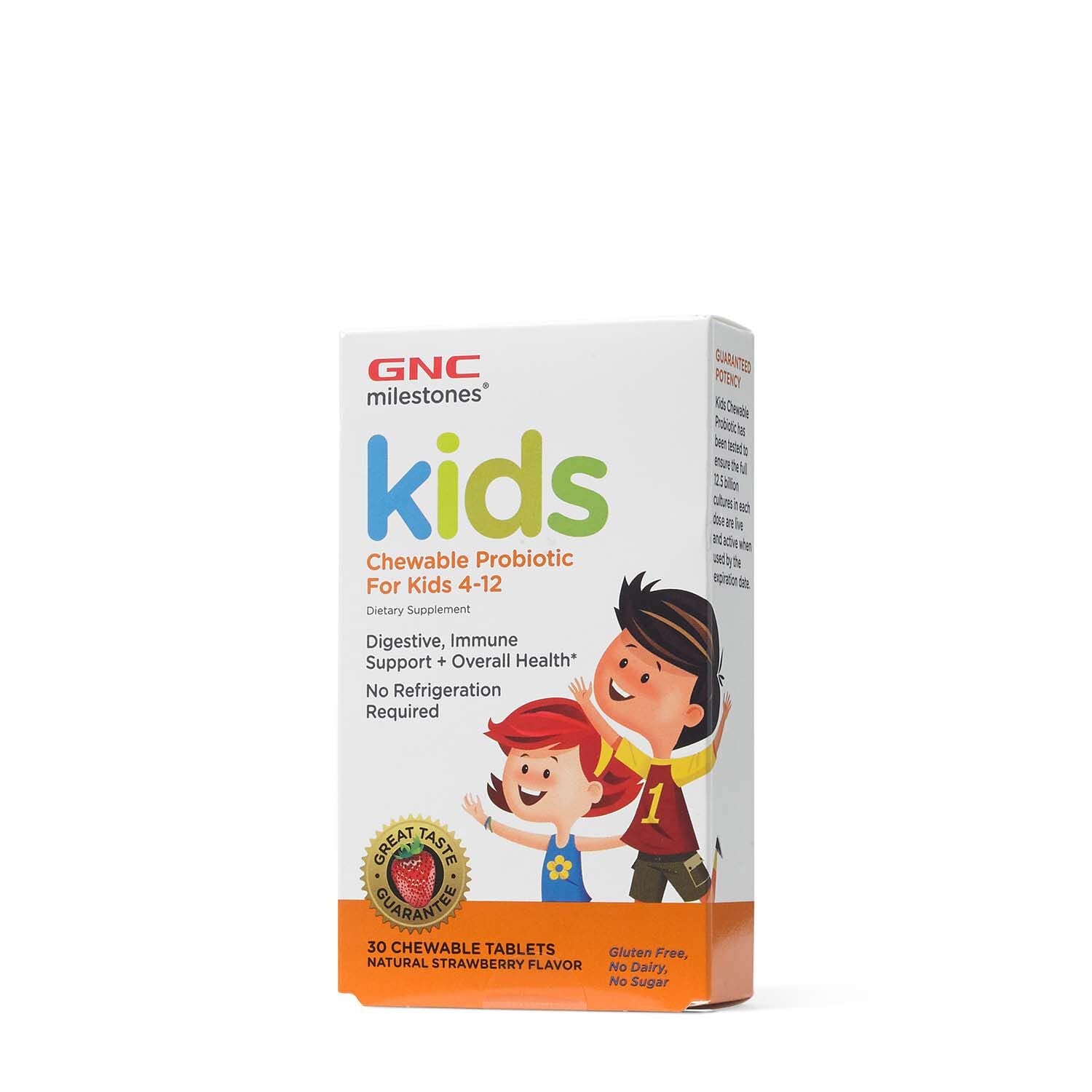GNC Milestones Kids Probiotic Chewables packaging for ages 4-12