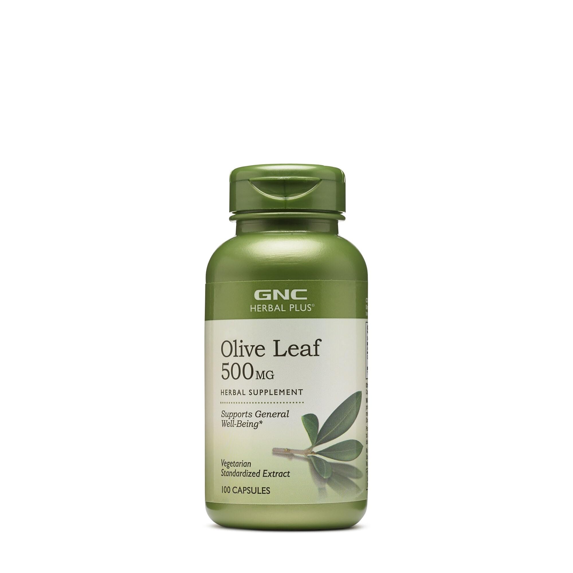 Bottle label of GNC Herbal Plus Olive Leaf 500mg Vegetarian Supplement